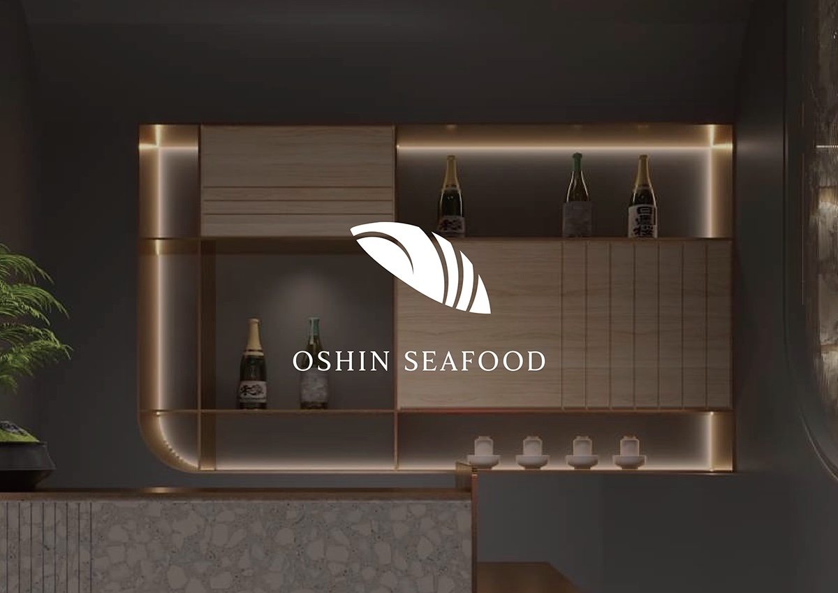 OSHIN Seafood — Brand identity in a restaurant interior presentation